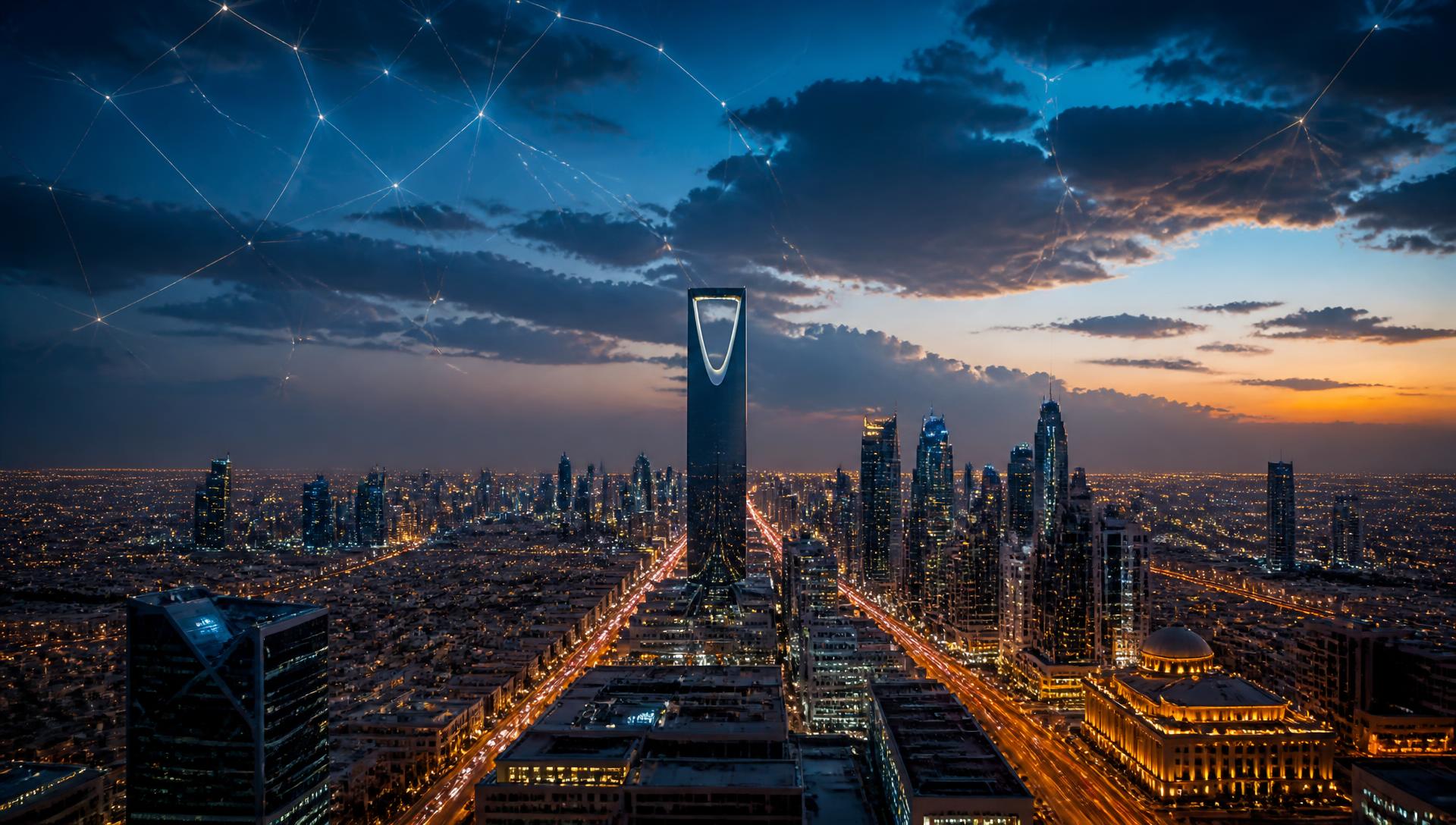 Riyadh skyline at dusk with a digital network overlay